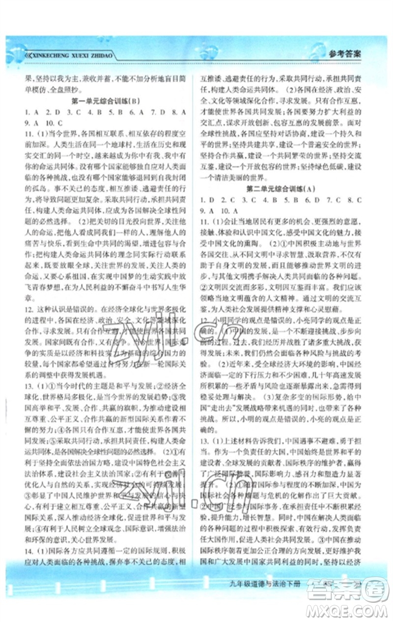 南方出版社2023新課程學(xué)習(xí)指導(dǎo)九年級道德與法治下冊人教版參考答案