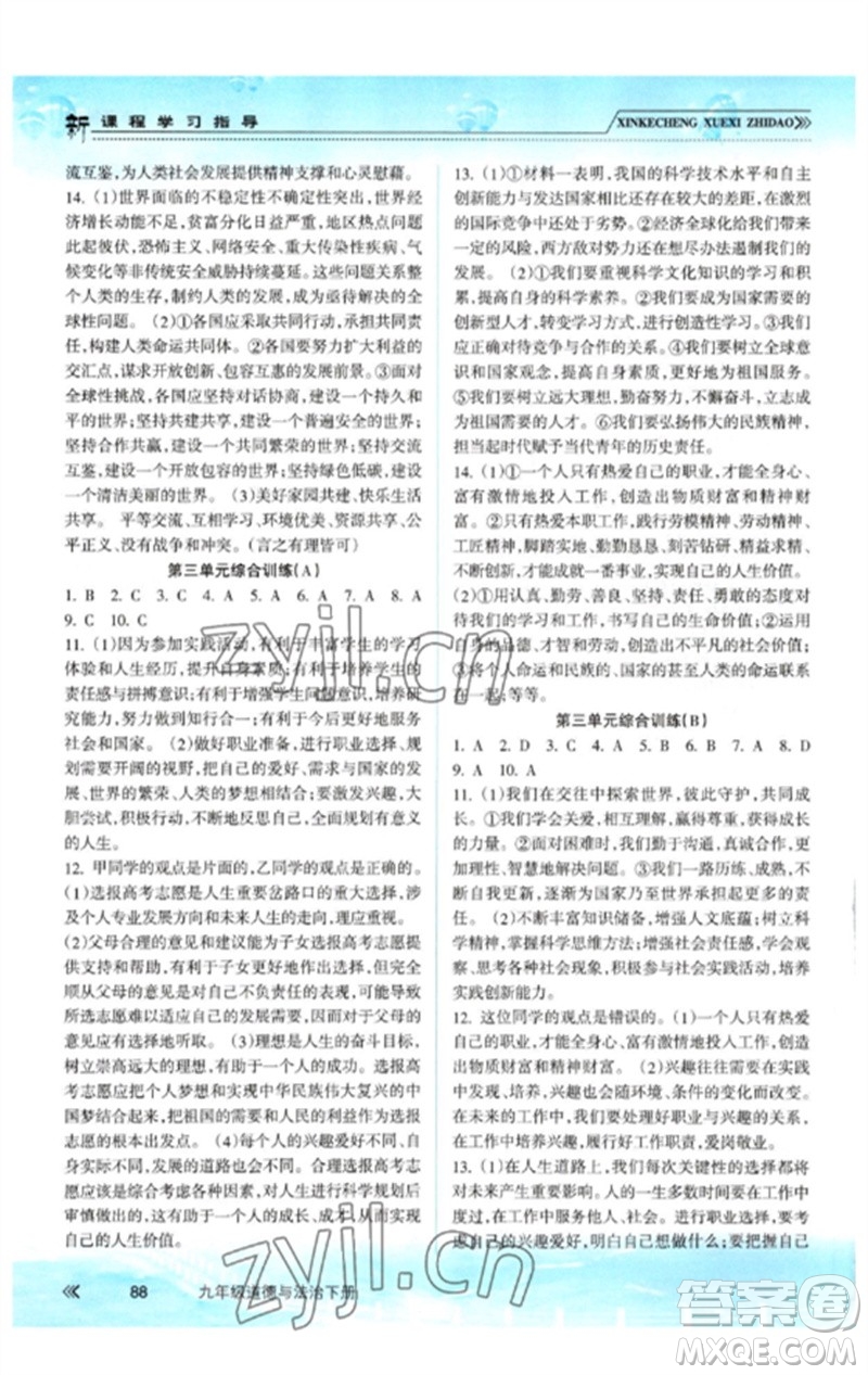 南方出版社2023新課程學(xué)習(xí)指導(dǎo)九年級道德與法治下冊人教版參考答案