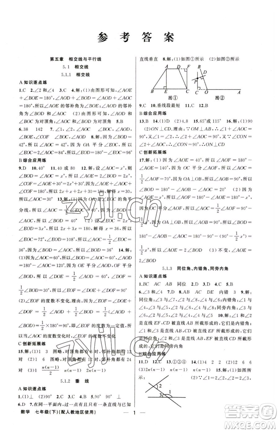 新疆青少年出版社2023黃岡金牌之路練闖考七年級下冊數(shù)學(xué)人教版參考答案