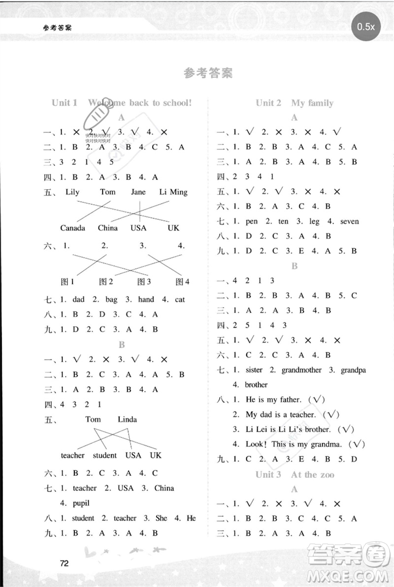 廣西師范大學(xué)出版社2023新課程學(xué)習(xí)輔導(dǎo)三年級(jí)英語(yǔ)下冊(cè)人教PEP版參考答案