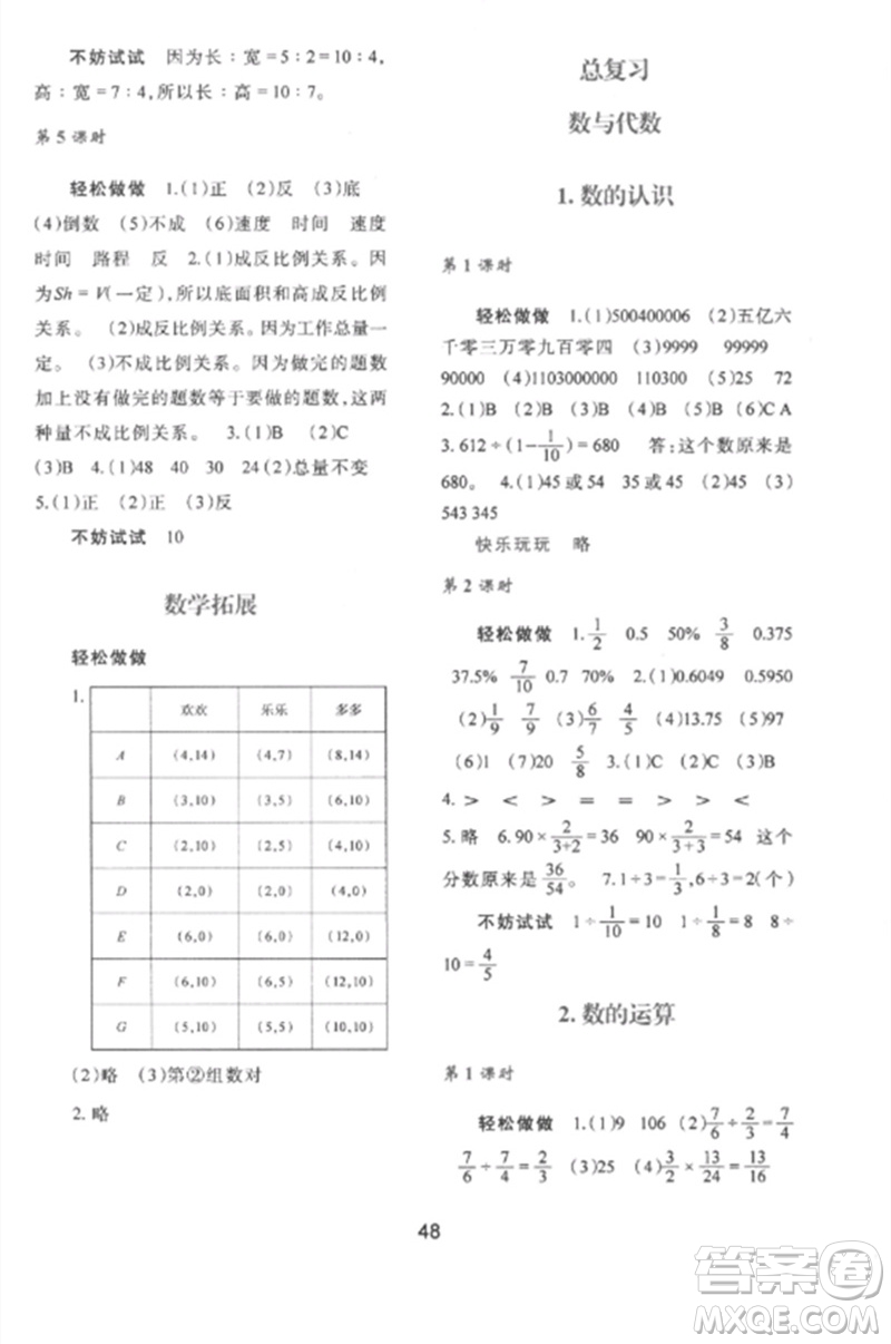 陜西人民教育出版社2023新課程學(xué)習(xí)與評(píng)價(jià)六年級(jí)數(shù)學(xué)下冊(cè)北師大版參考答案