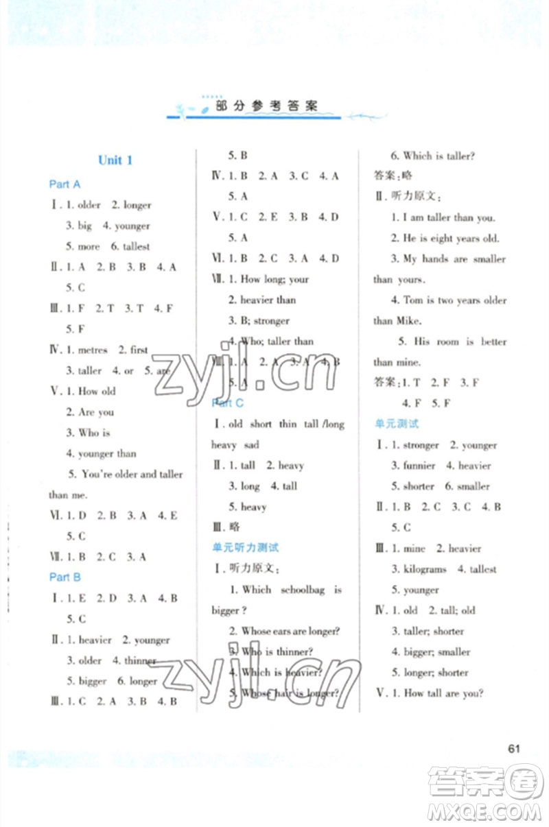 陜西人民教育出版社2023新課程學習與評價六年級英語下冊人教版參考答案