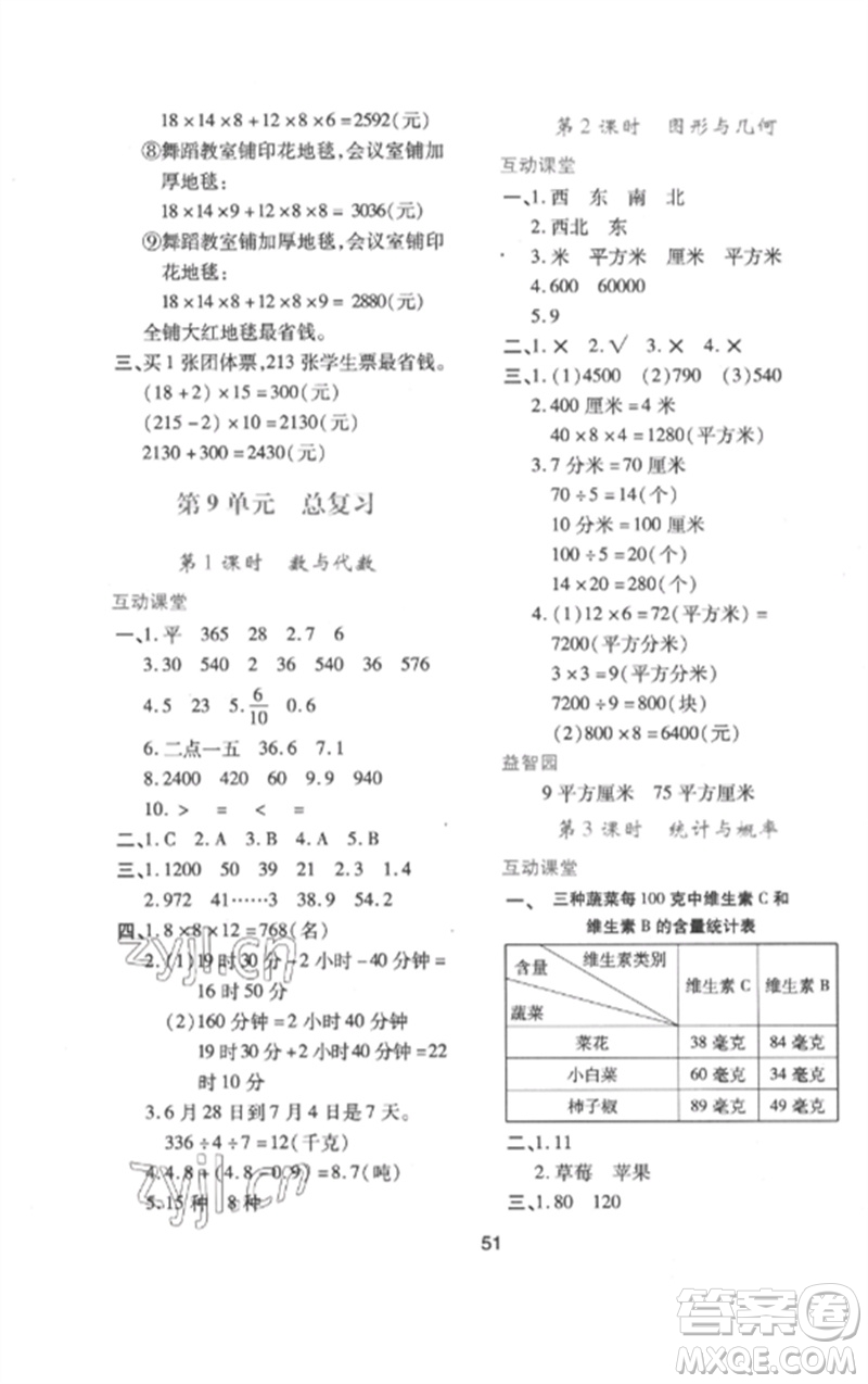 陜西人民教育出版社2023新課程學(xué)習(xí)與評價三年級數(shù)學(xué)下冊人教版參考答案