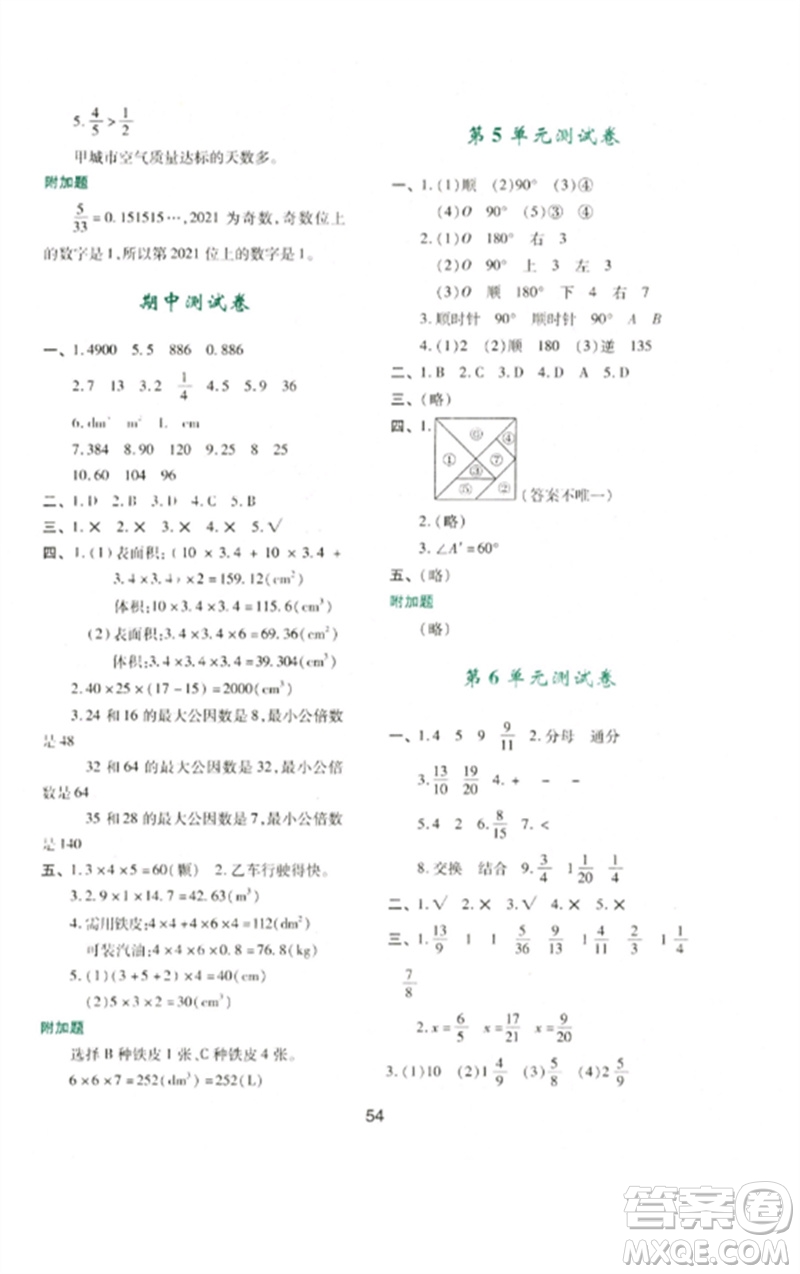 陜西人民教育出版社2023新課程學(xué)習(xí)與評(píng)價(jià)五年級(jí)數(shù)學(xué)下冊(cè)人教版參考答案