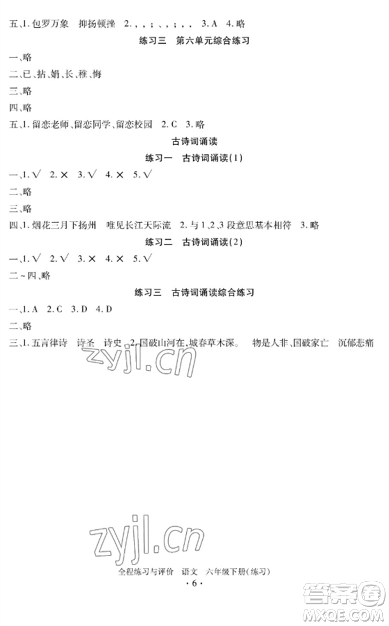 浙江人民出版社2023全程練習(xí)與評價六年級語文下冊人教版參考答案