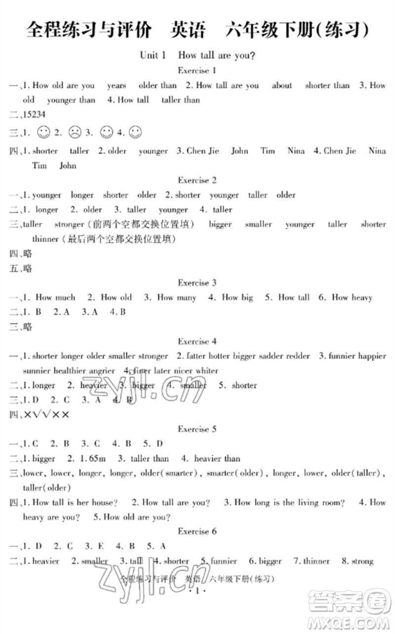 浙江人民出版社2023全程練習(xí)與評價六年級英語下冊人教版參考答案