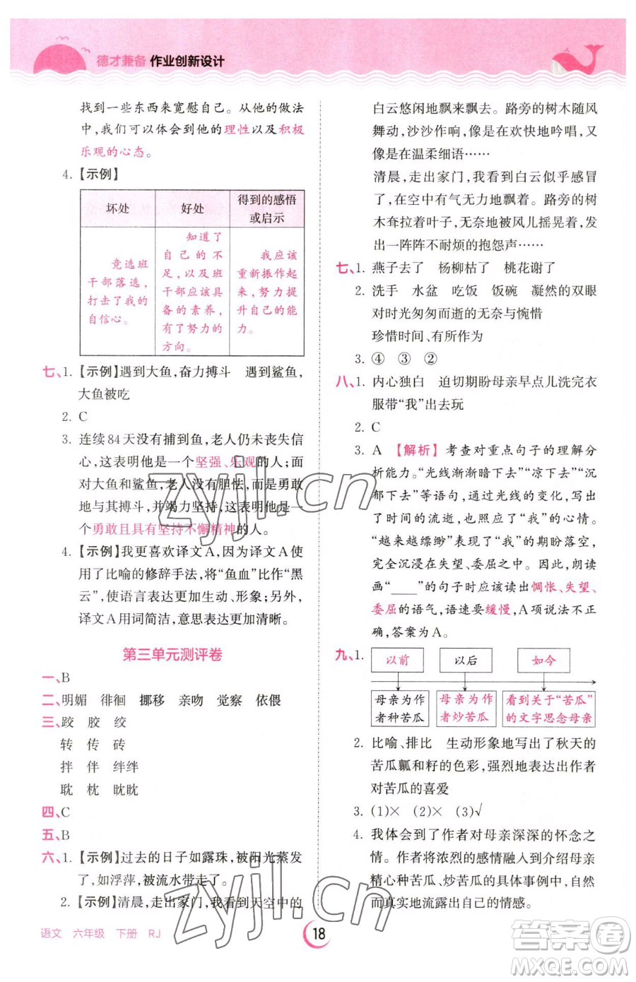 江西人民出版社2023王朝霞德才兼?zhèn)渥鳂I(yè)創(chuàng)新設(shè)計(jì)六年級下冊語文人教版參考答案