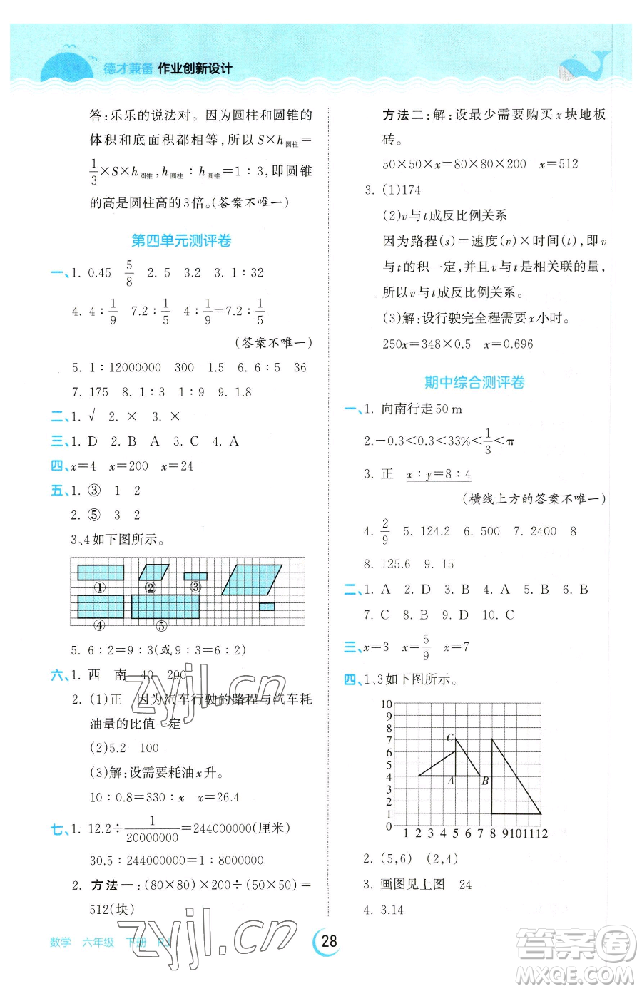 江西人民出版社2023王朝霞德才兼?zhèn)渥鳂I(yè)創(chuàng)新設計六年級下冊數(shù)學人教版參考答案