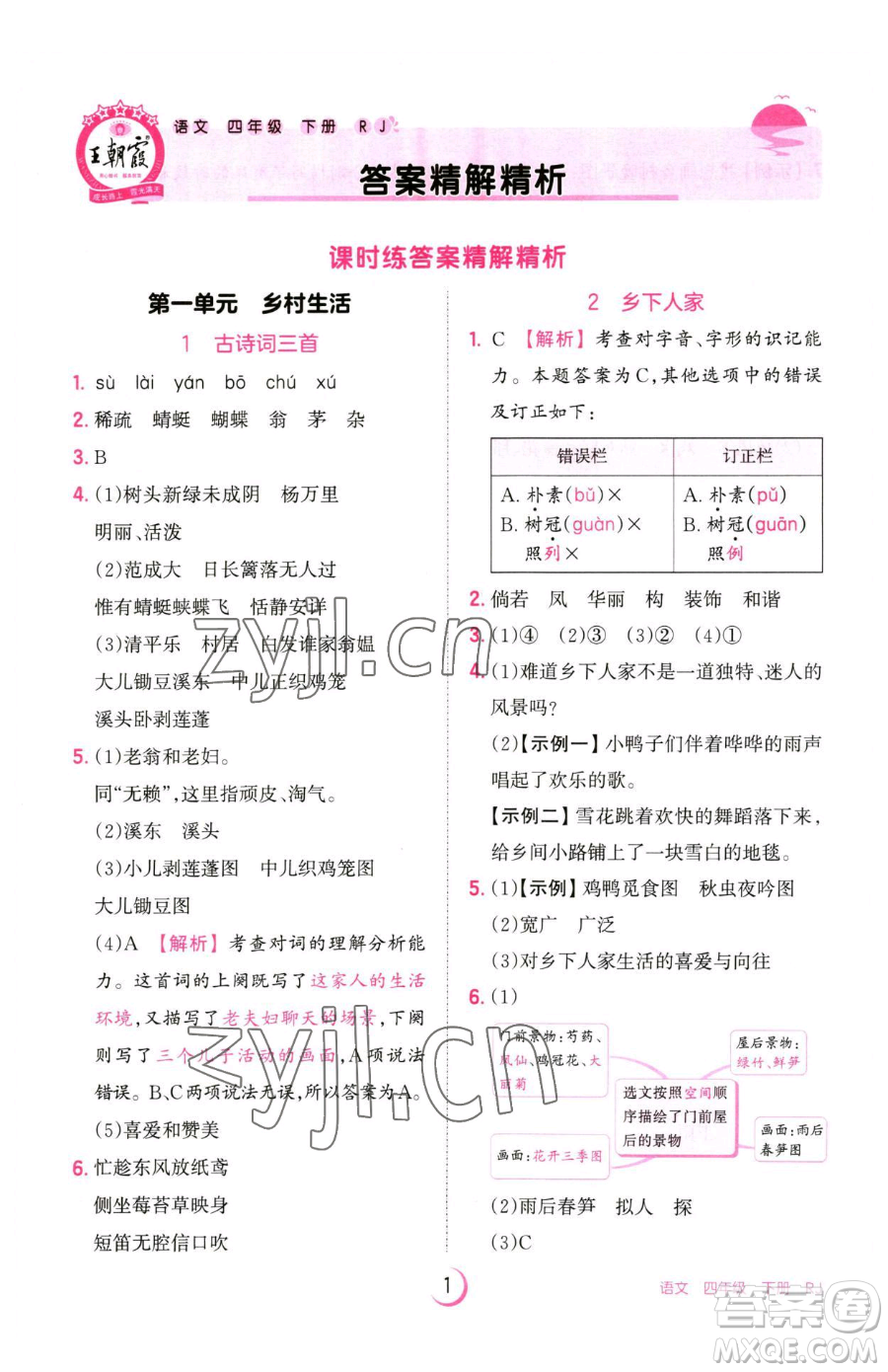 江西人民出版社2023王朝霞德才兼?zhèn)渥鳂I(yè)創(chuàng)新設(shè)計四年級下冊語文人教版參考答案