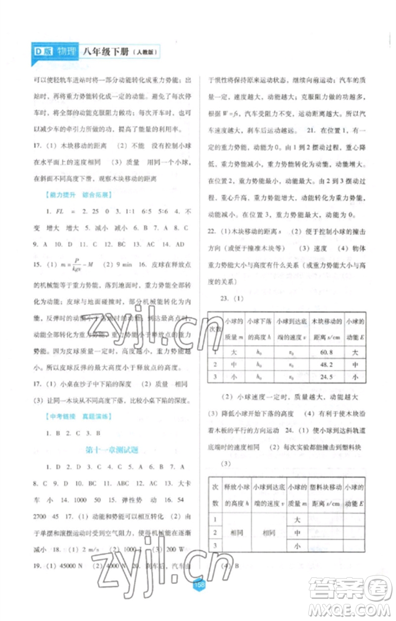 遼海出版社2023新課程物理能力培養(yǎng)八年級(jí)下冊(cè)人教版D版大連專用參考答案