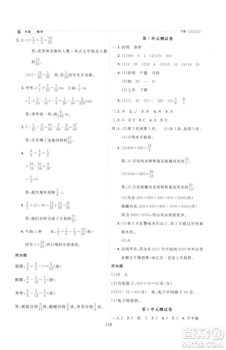 延邊人民出版社2023優(yōu)秀生作業(yè)本五年級(jí)下冊(cè)數(shù)學(xué)人教版參考答案