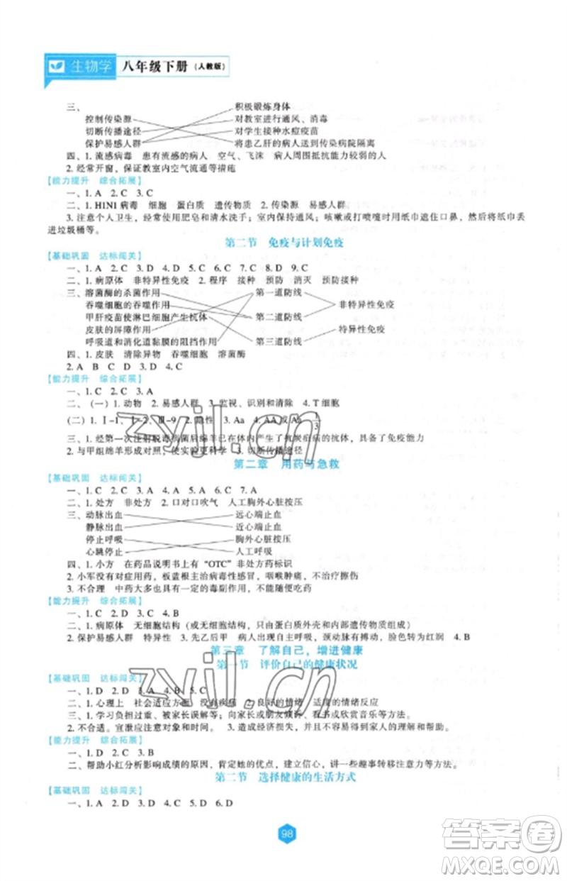 遼海出版社2023新課程生物學(xué)能力培養(yǎng)八年級下冊人教版參考答案