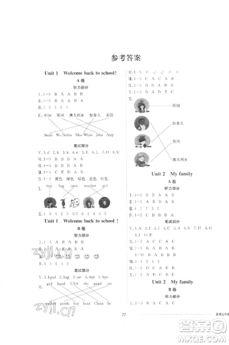 山東科學技術出版社2023同步練習冊配套單元自測卷三年級英語下冊人教版參考答案