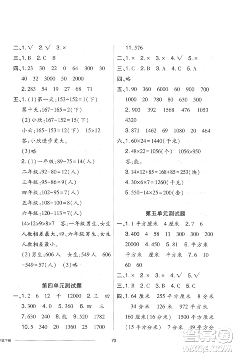 山東科學技術(shù)出版社2023同步練習冊配套單元自測卷三年級數(shù)學下冊人教版參考答案