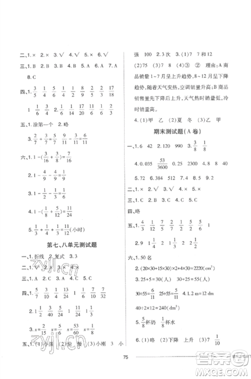 山東科學(xué)技術(shù)出版社2023同步練習(xí)冊(cè)配套單元自測(cè)卷五年級(jí)數(shù)學(xué)下冊(cè)人教版參考答案