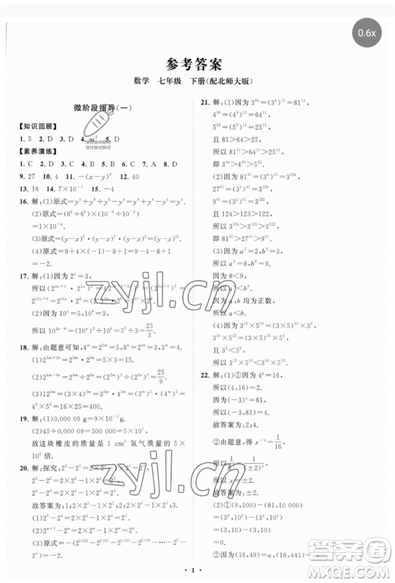 山東教育出版社2023初中同步練習冊分層卷七年級數(shù)學下冊北師大版參考答案