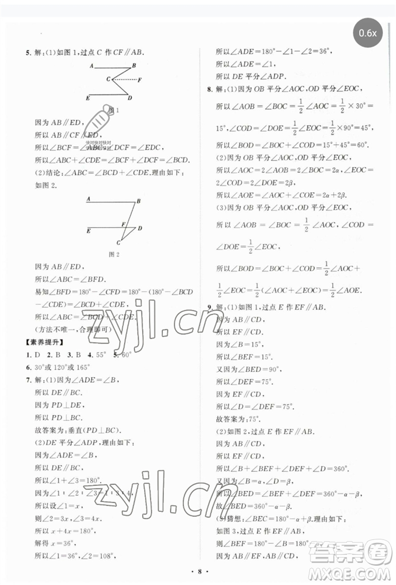 山東教育出版社2023初中同步練習冊分層卷七年級數(shù)學下冊北師大版參考答案