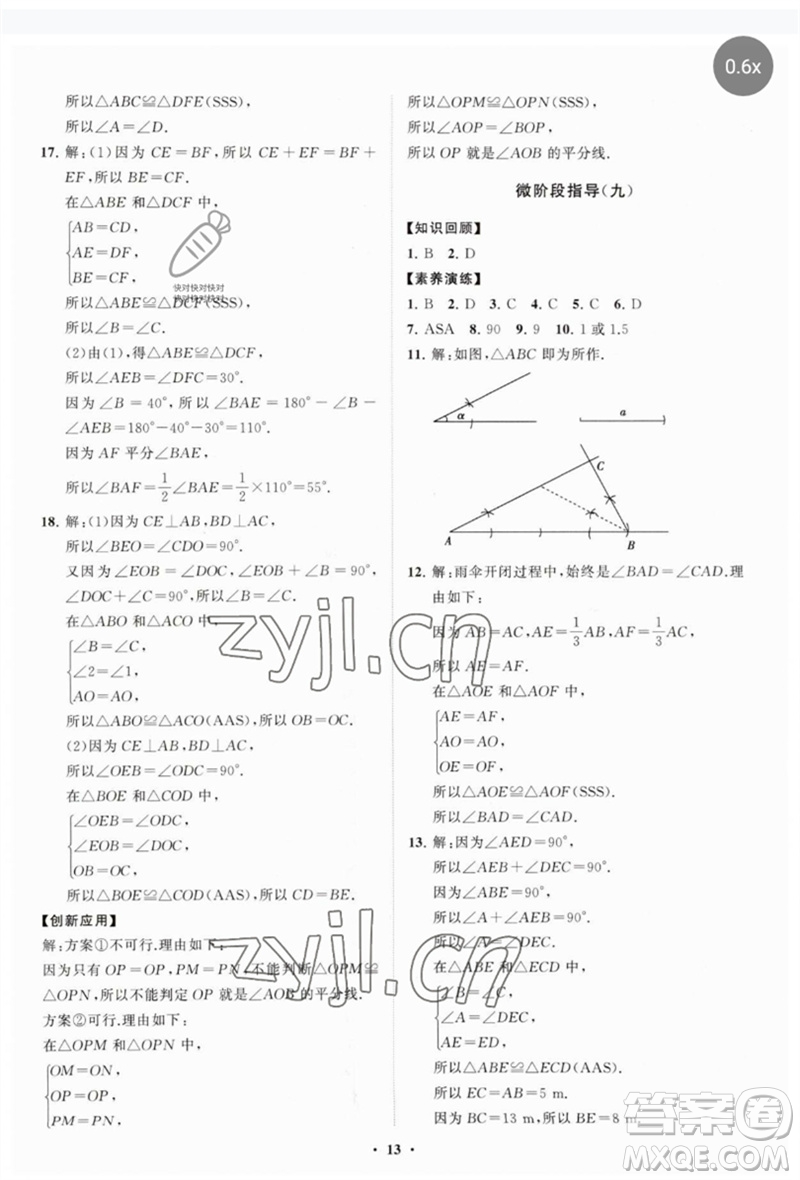 山東教育出版社2023初中同步練習冊分層卷七年級數(shù)學下冊北師大版參考答案