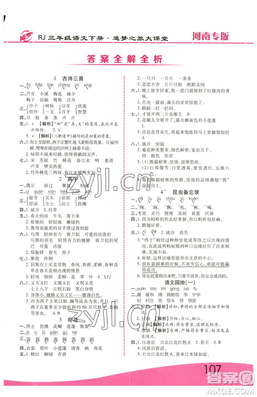 天津科學技術(shù)出版社2023追夢之旅大課堂三年級下冊語文人教版河南專版參考答案