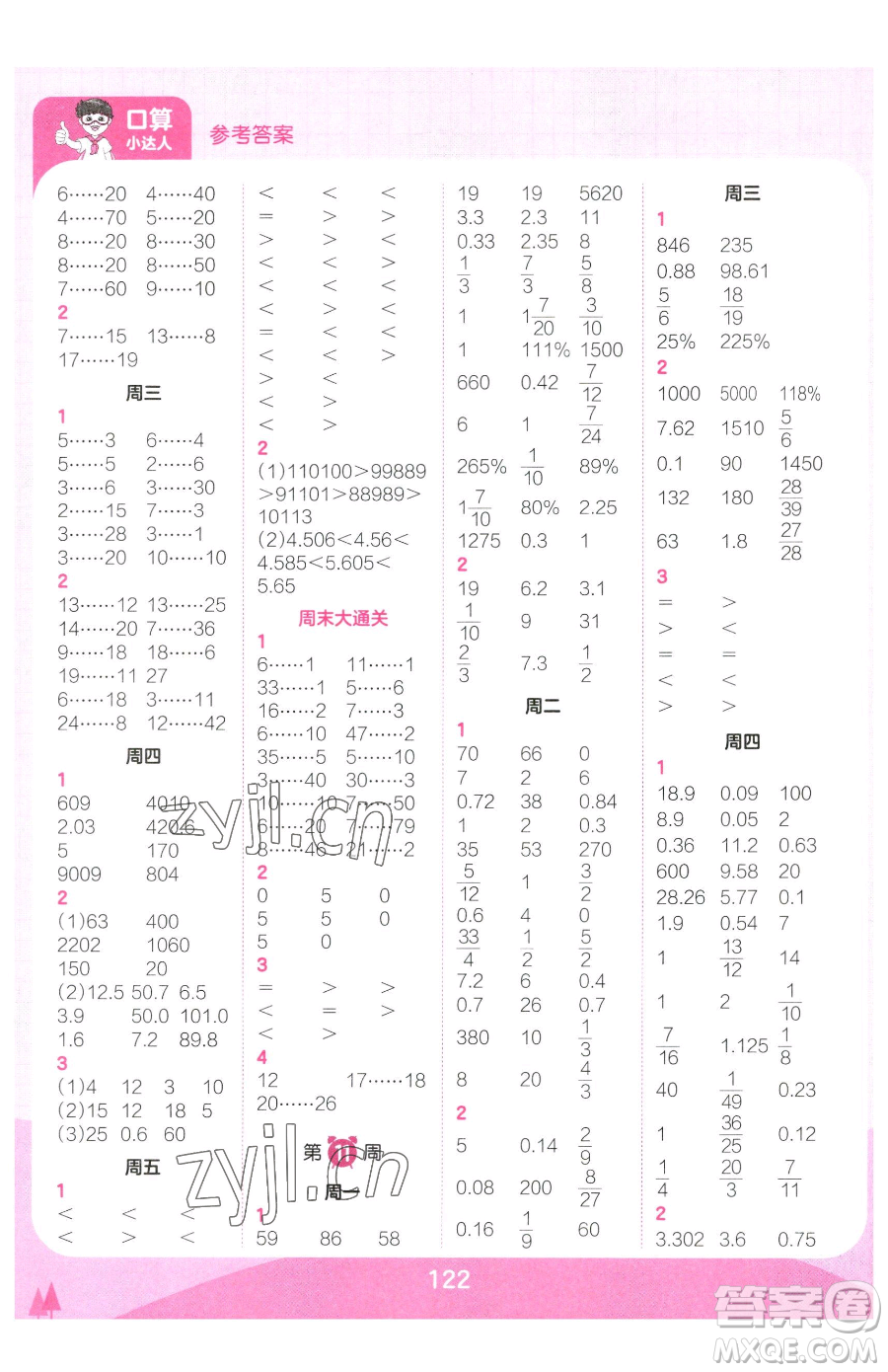 江西人民出版社2023王朝霞口算小達(dá)人六年級(jí)下冊(cè)數(shù)學(xué)人教版參考答案