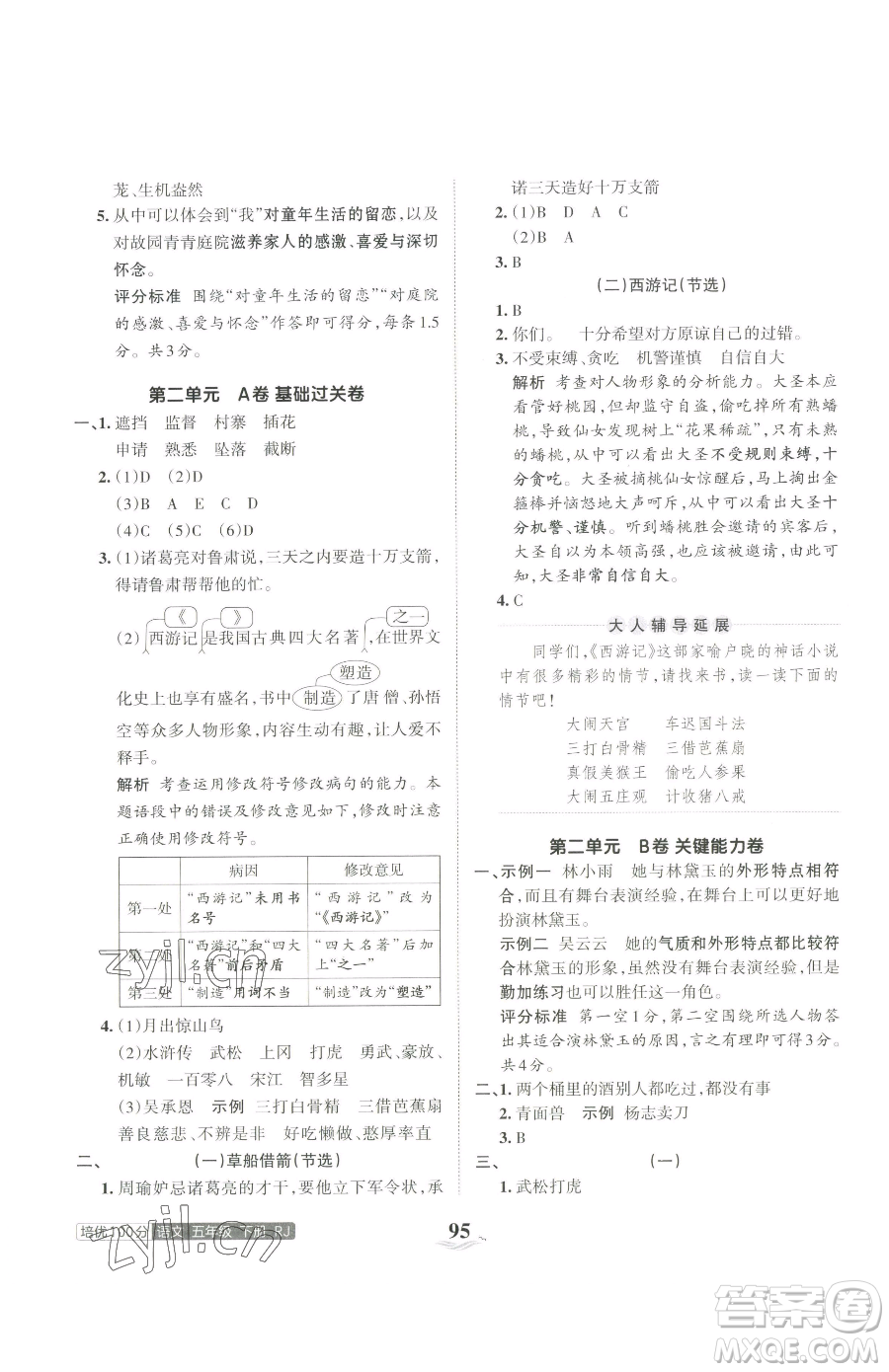 江西人民出版社2023王朝霞培優(yōu)100分五年級下冊語文人教版參考答案