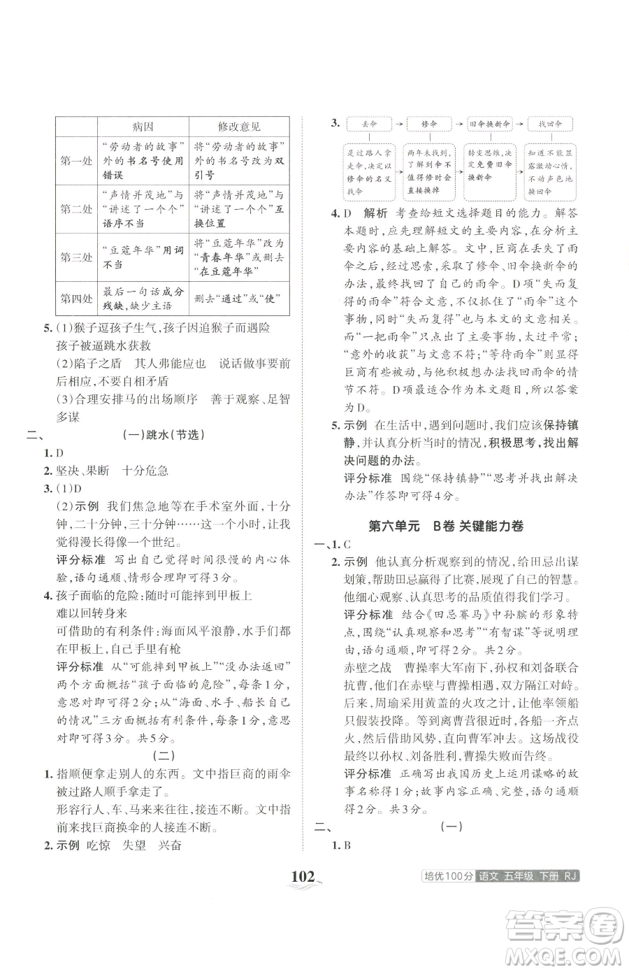 江西人民出版社2023王朝霞培優(yōu)100分五年級下冊語文人教版參考答案