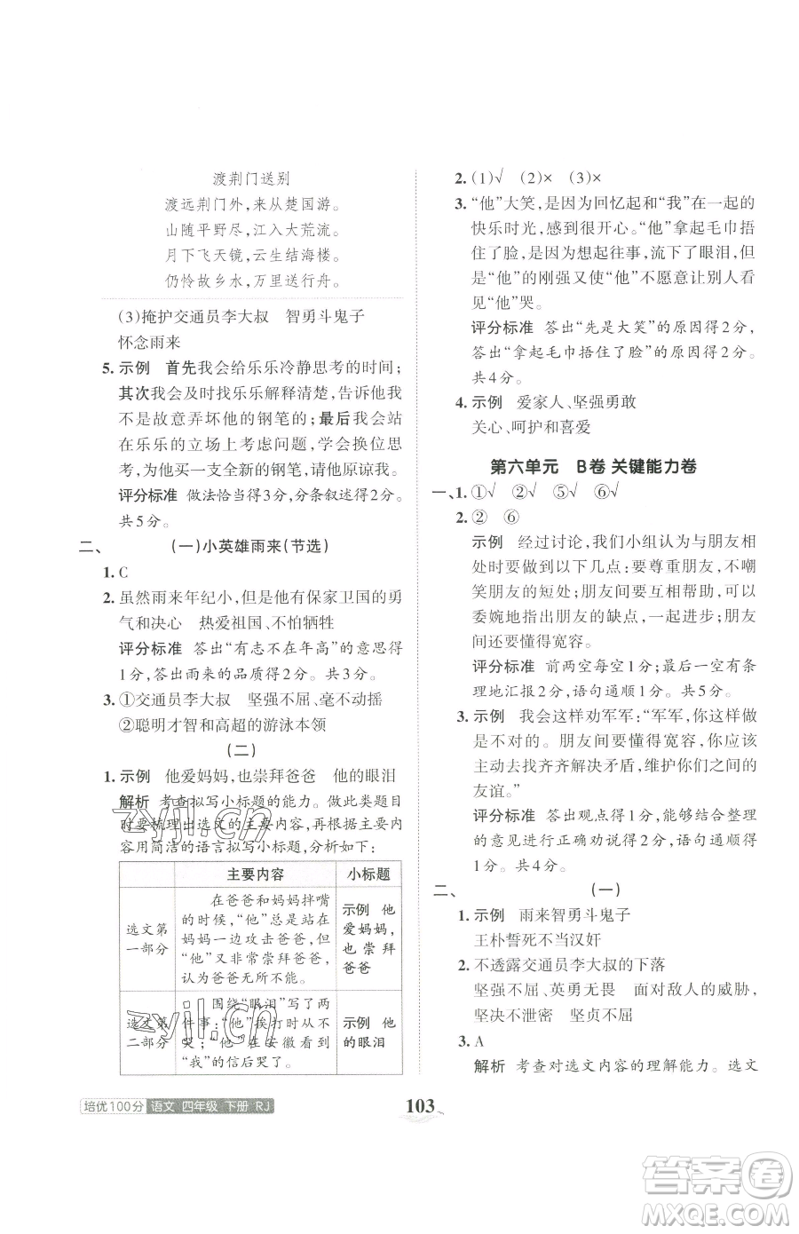 江西人民出版社2023王朝霞培優(yōu)100分四年級(jí)下冊(cè)語文人教版參考答案