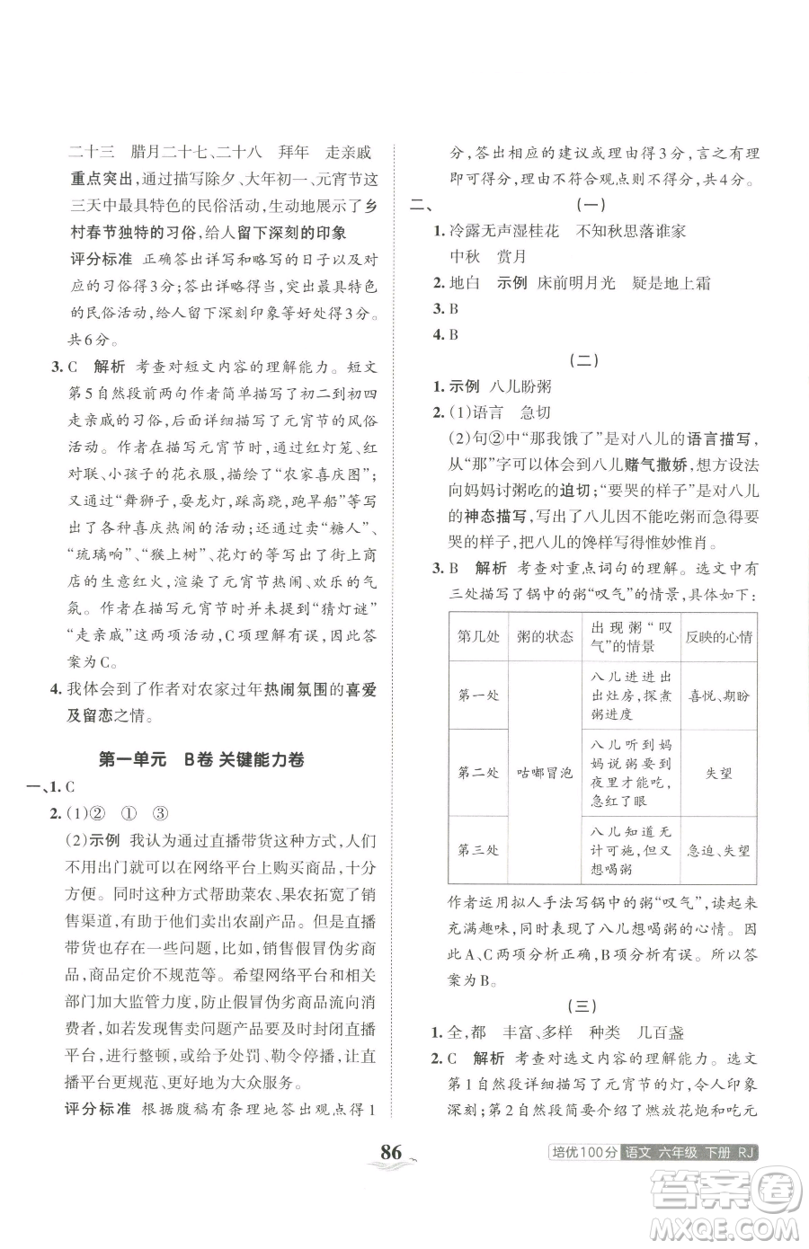 江西人民出版社2023王朝霞培優(yōu)100分六年級下冊語文人教版參考答案