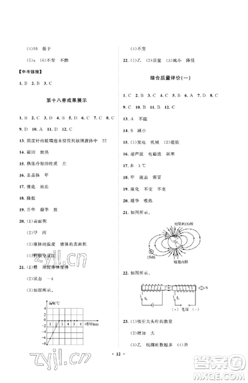 山東教育出版社2023初中同步練習冊分層卷九年級物理下冊魯科版五四制參考答案