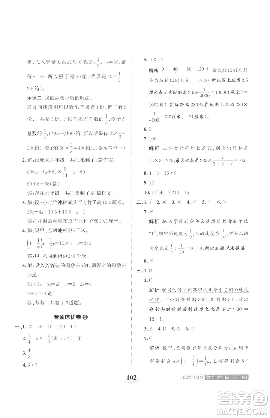 江西人民出版社2023王朝霞培優(yōu)100分六年級(jí)下冊(cè)數(shù)學(xué)人教版參考答案