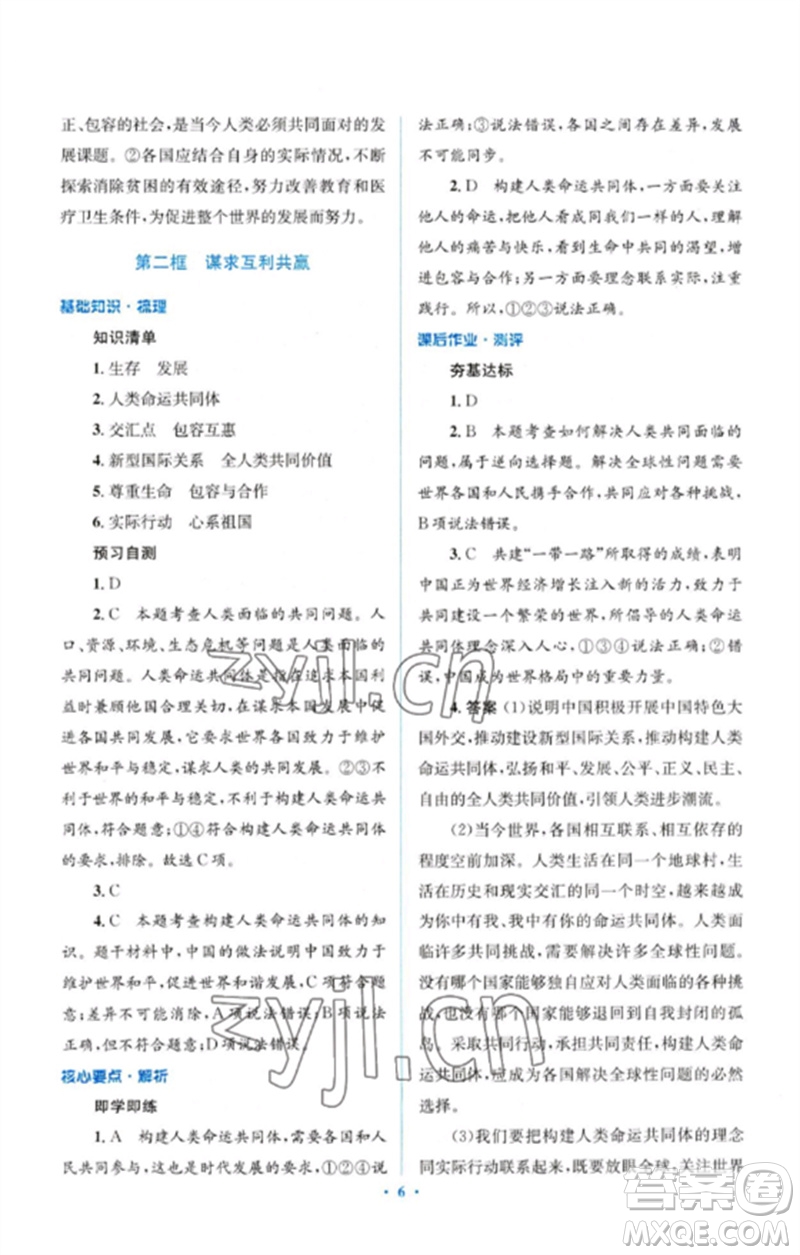 人民教育出版社2023人教金學典同步解析與測評學考練九年級道德與法治下冊人教版參考答案