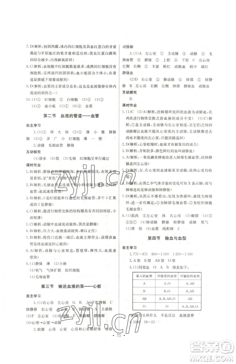 崇文書(shū)局2023長(zhǎng)江全能學(xué)案同步練習(xí)冊(cè)七年級(jí)下冊(cè)生物人教版參考答案