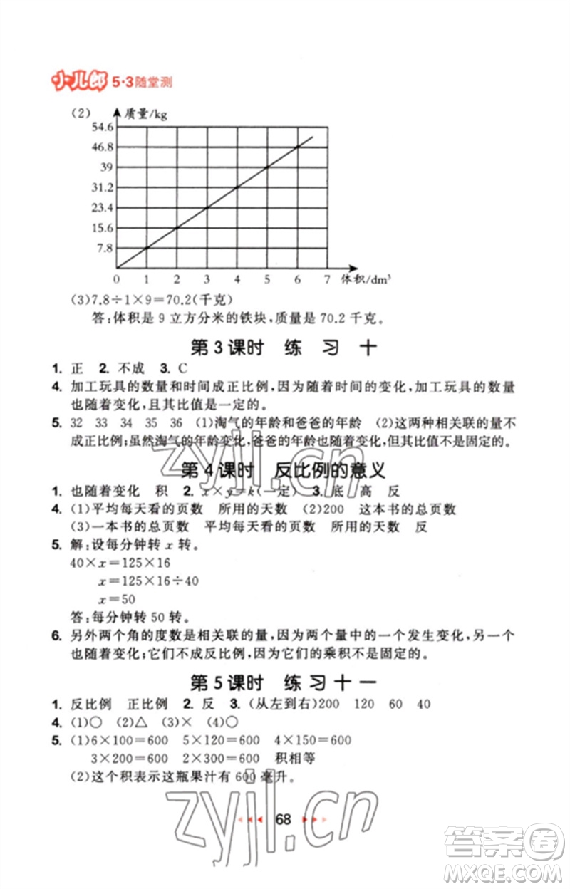 首都師范大學(xué)出版社2023年春53隨堂測六年級數(shù)學(xué)下冊蘇教版參考答案