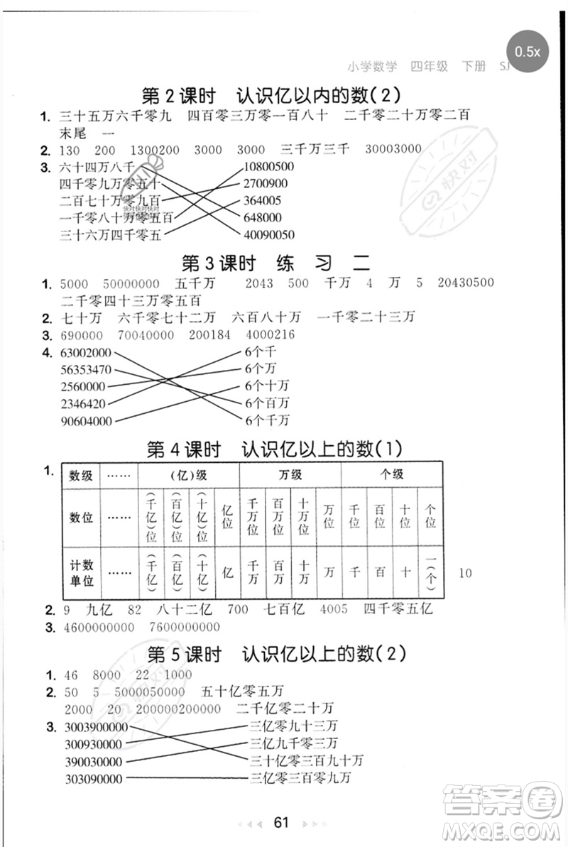 首都師范大學出版社2023年春53隨堂測四年級數學下冊蘇教版參考答案