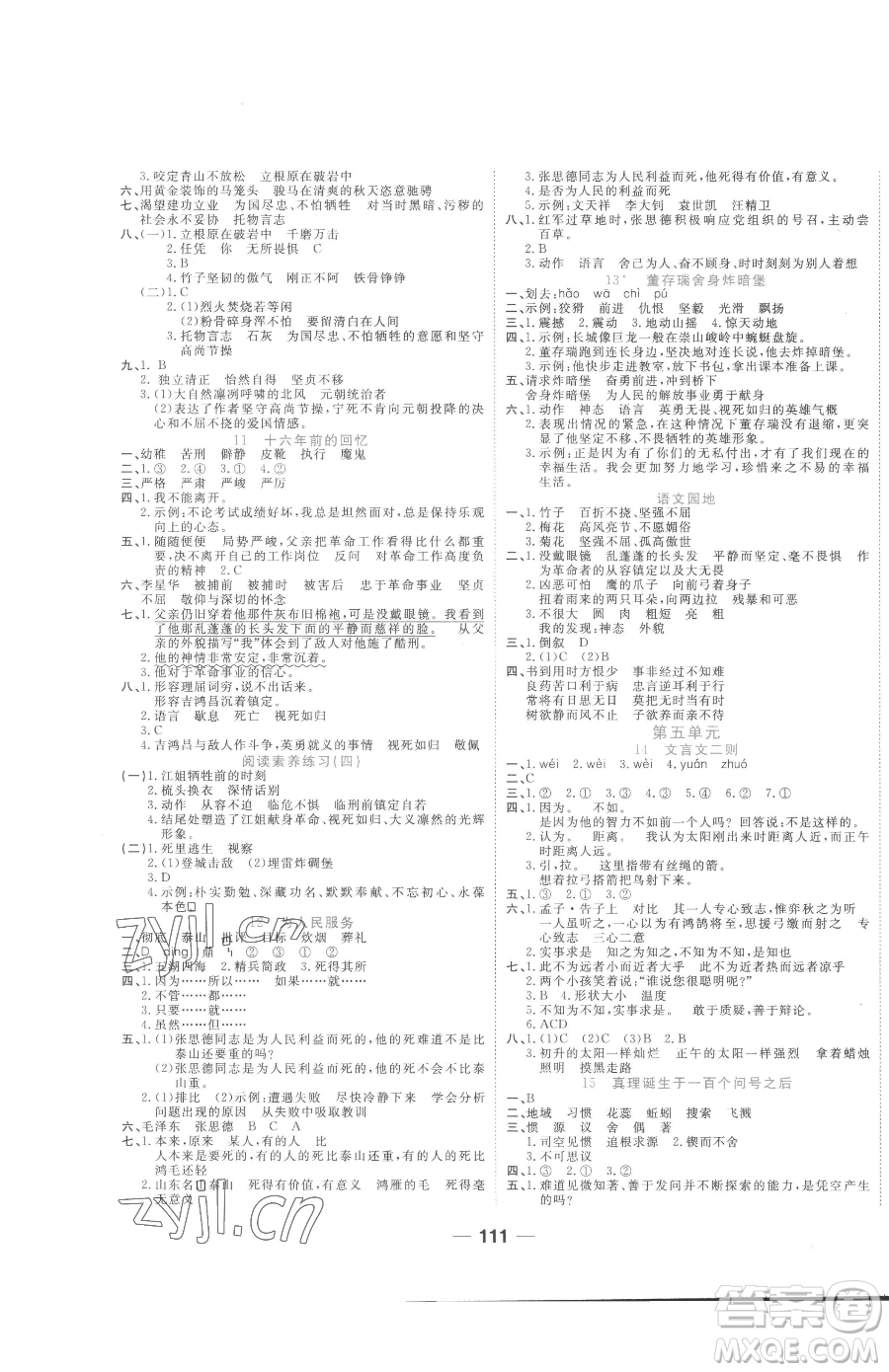 天津科學(xué)技術(shù)出版社2023奪冠新課堂隨堂練測(cè)六年級(jí)下冊(cè)語(yǔ)文人教版參考答案