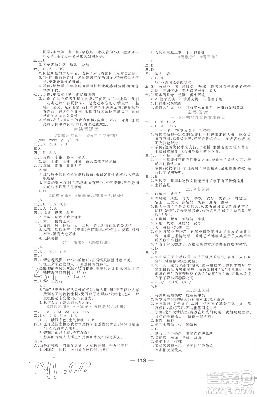 天津科學(xué)技術(shù)出版社2023奪冠新課堂隨堂練測(cè)六年級(jí)下冊(cè)語(yǔ)文人教版參考答案