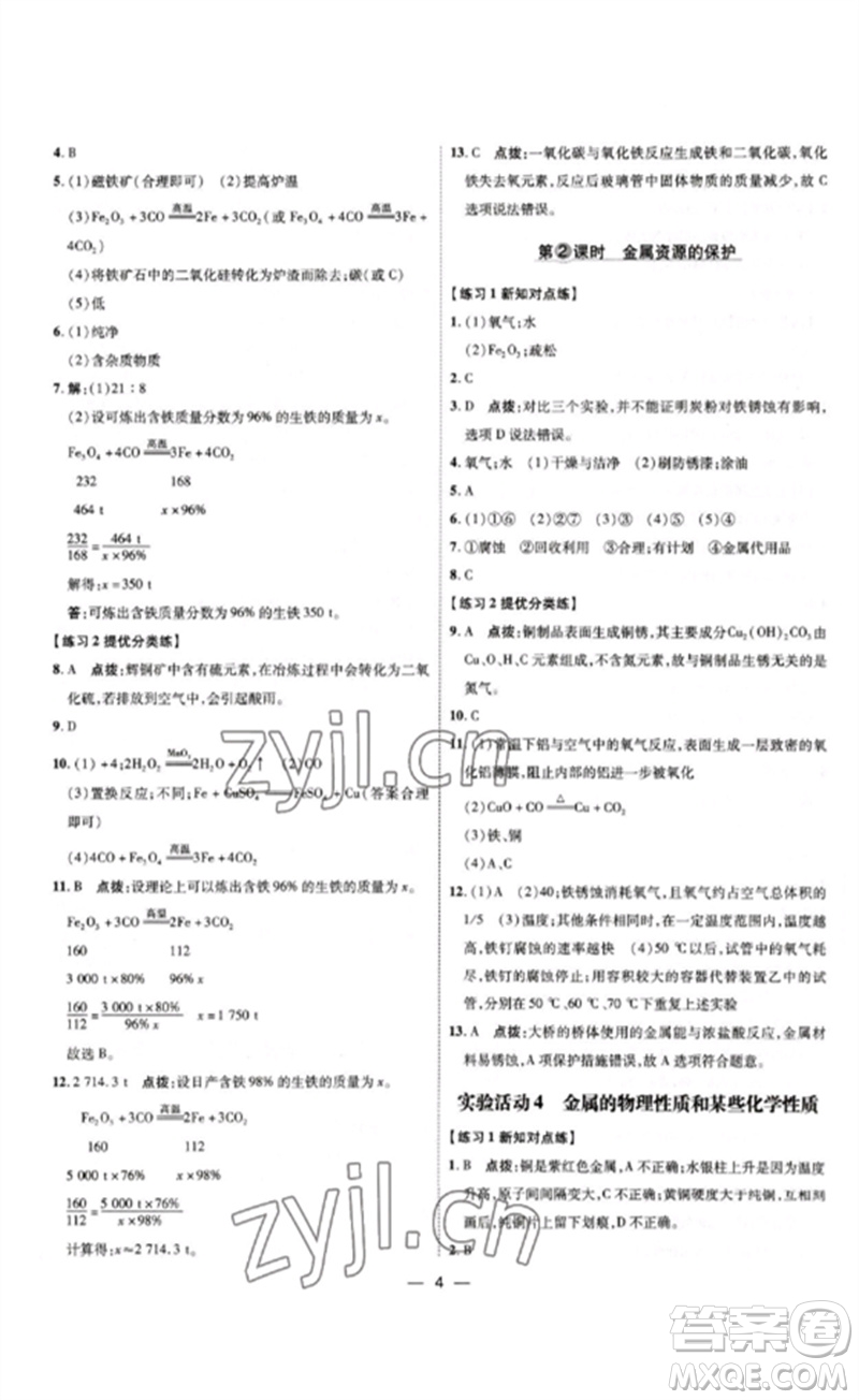 吉林教育出版社2023點撥訓練九年級化學下冊人教版參考答案