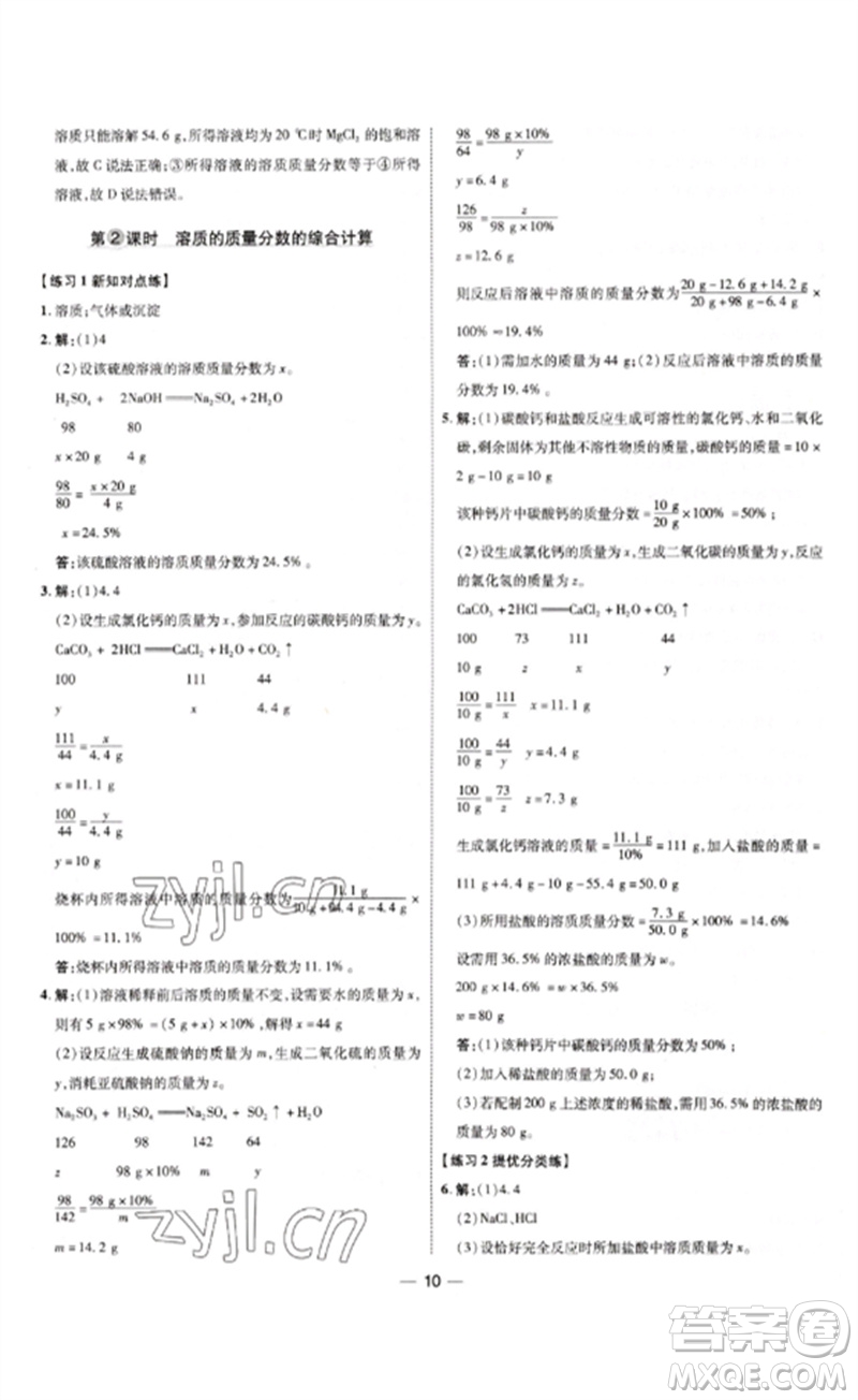 吉林教育出版社2023點撥訓練九年級化學下冊人教版參考答案