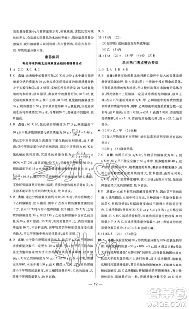 吉林教育出版社2023點撥訓練九年級化學下冊人教版參考答案