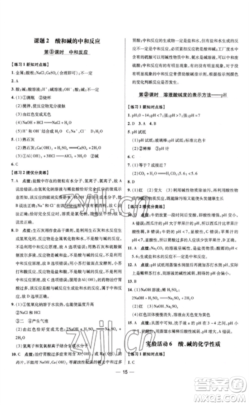 吉林教育出版社2023點撥訓練九年級化學下冊人教版參考答案