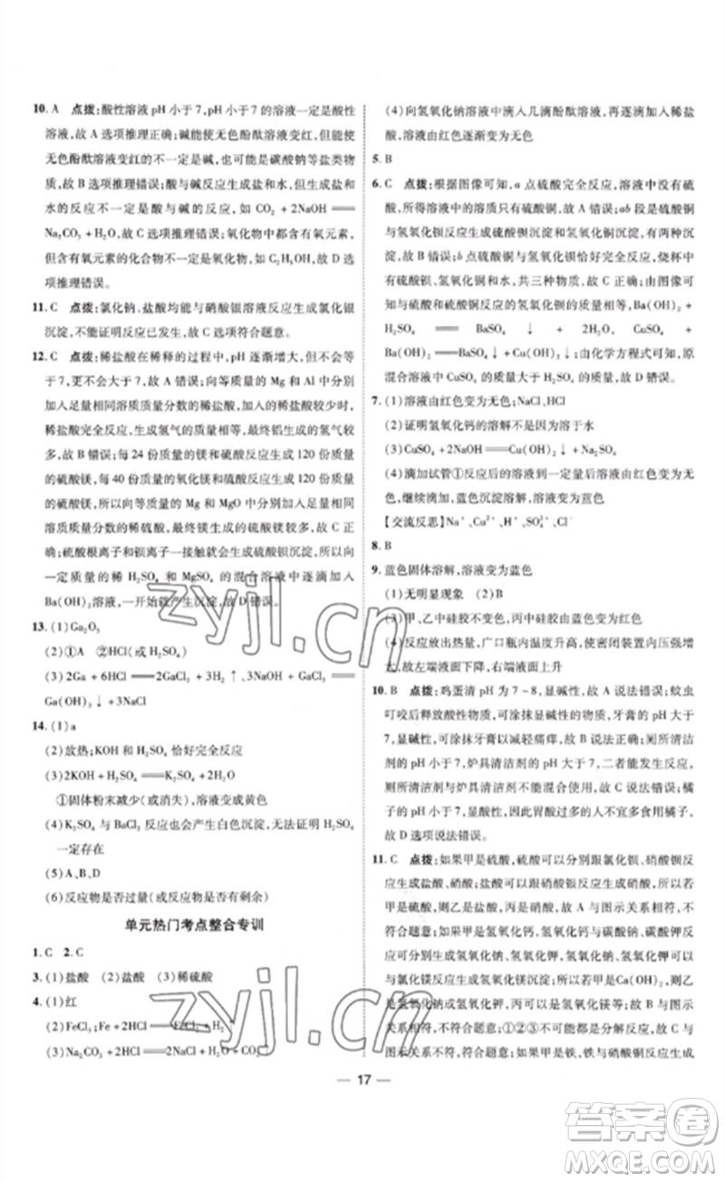 吉林教育出版社2023點撥訓練九年級化學下冊人教版參考答案