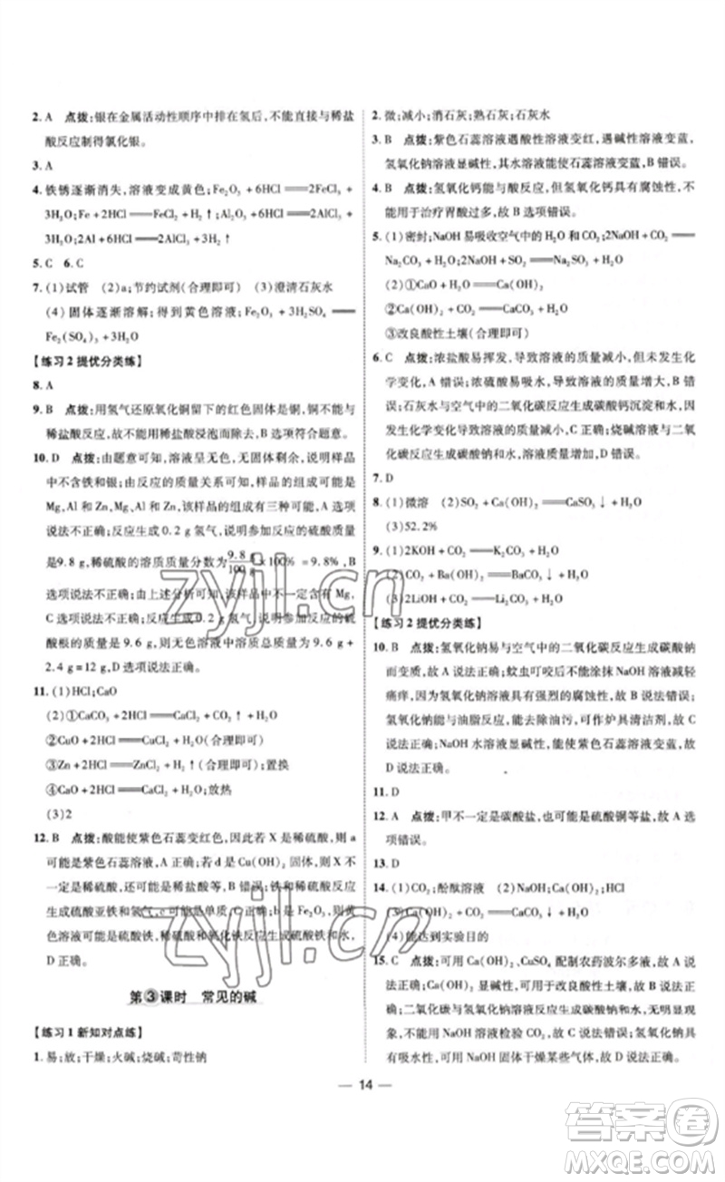 吉林教育出版社2023點撥訓練九年級化學下冊人教版參考答案