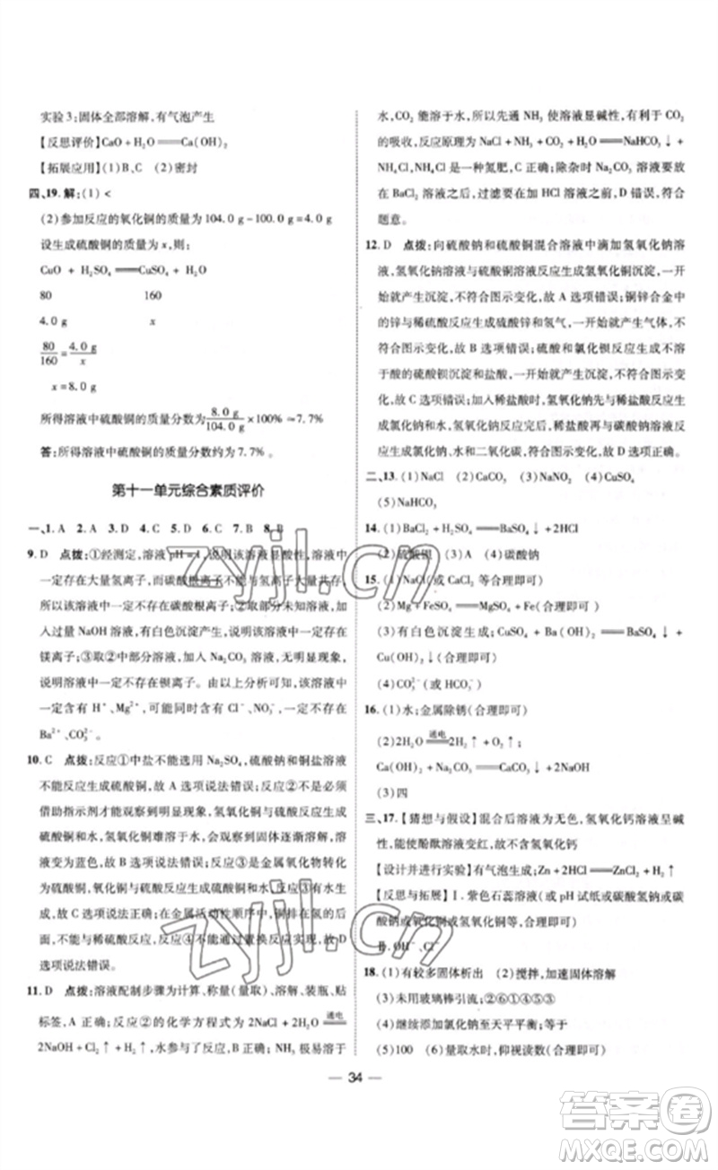 吉林教育出版社2023點撥訓練九年級化學下冊人教版參考答案