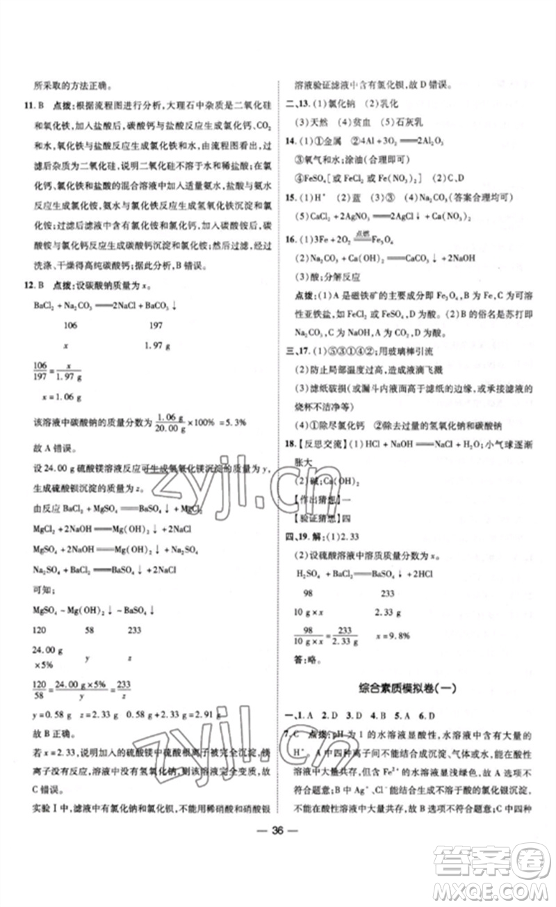 吉林教育出版社2023點撥訓練九年級化學下冊人教版參考答案