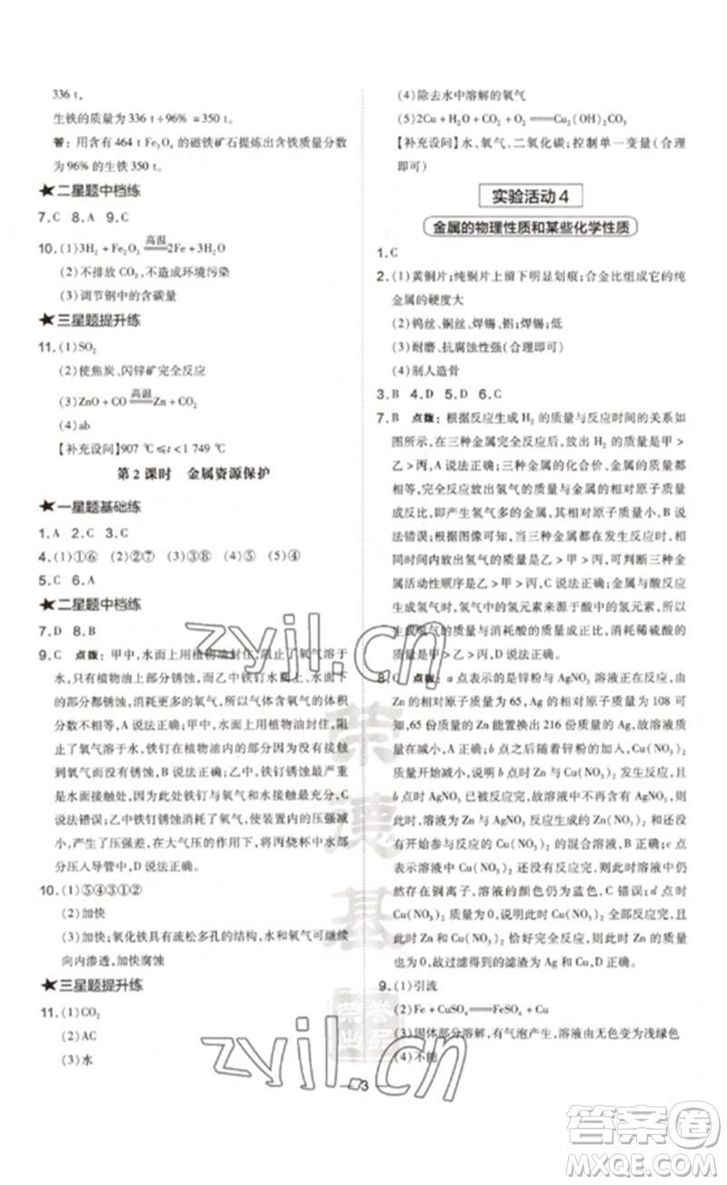 安徽教育出版社2023點撥訓(xùn)練九年級化學(xué)下冊人教版安徽專版參考答案