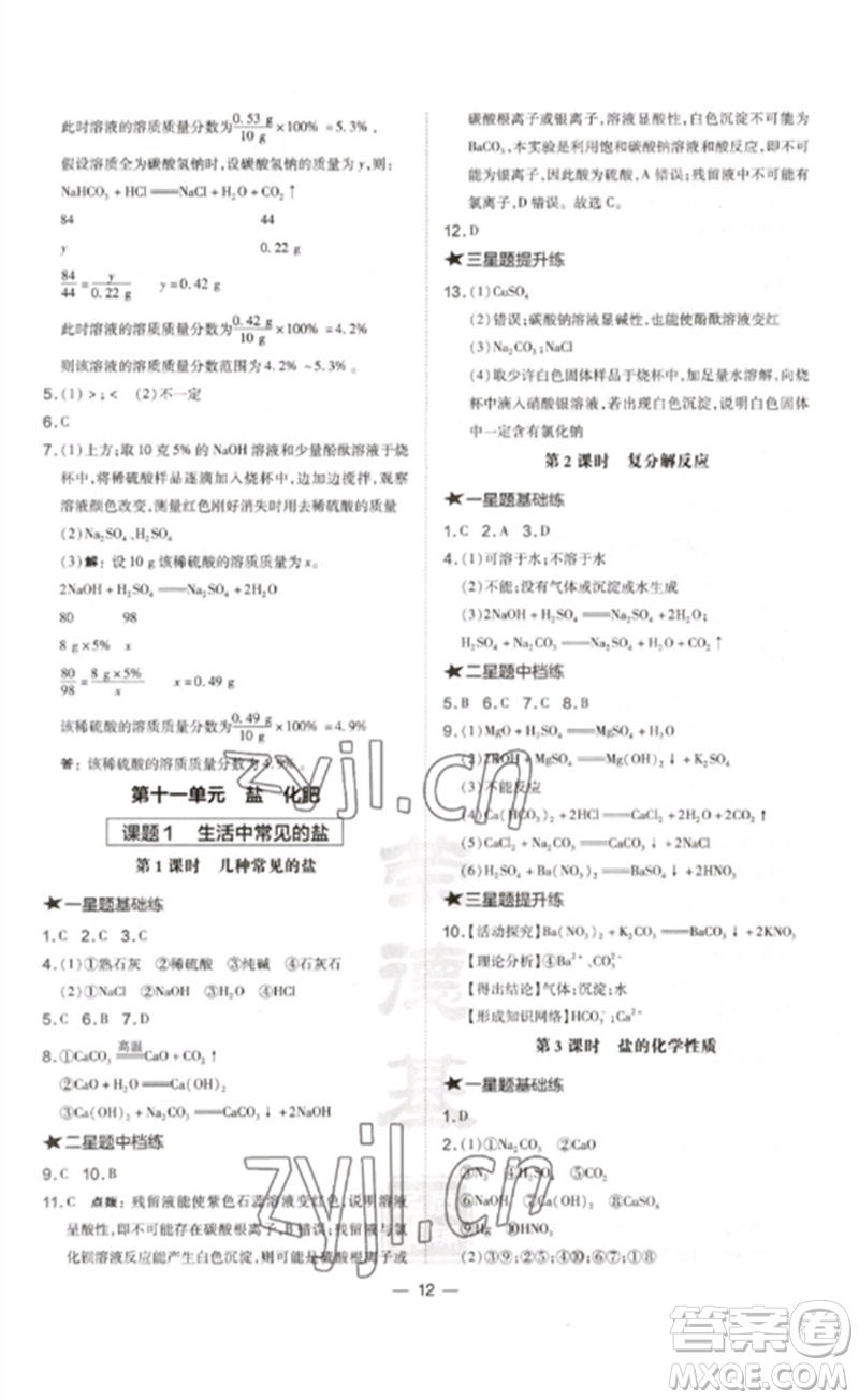 安徽教育出版社2023點撥訓(xùn)練九年級化學(xué)下冊人教版安徽專版參考答案