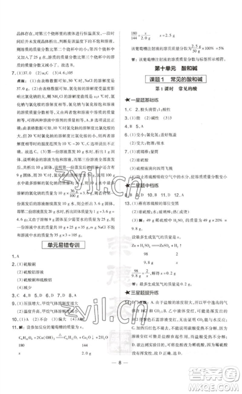 安徽教育出版社2023點撥訓(xùn)練九年級化學(xué)下冊人教版安徽專版參考答案