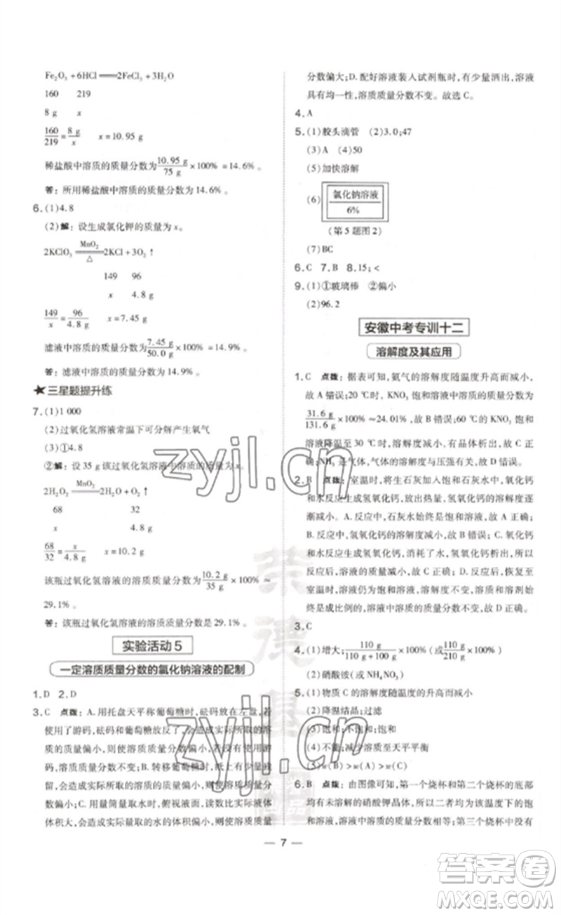 安徽教育出版社2023點撥訓(xùn)練九年級化學(xué)下冊人教版安徽專版參考答案