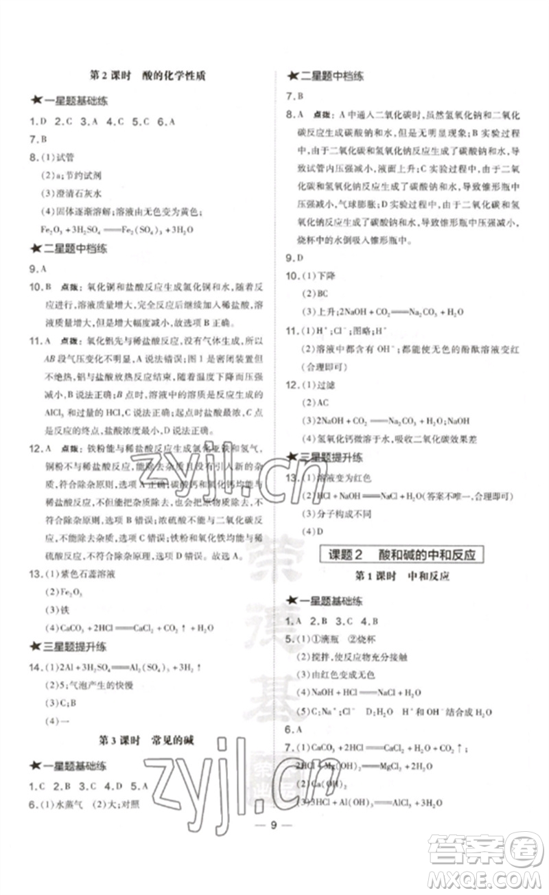 安徽教育出版社2023點撥訓(xùn)練九年級化學(xué)下冊人教版安徽專版參考答案