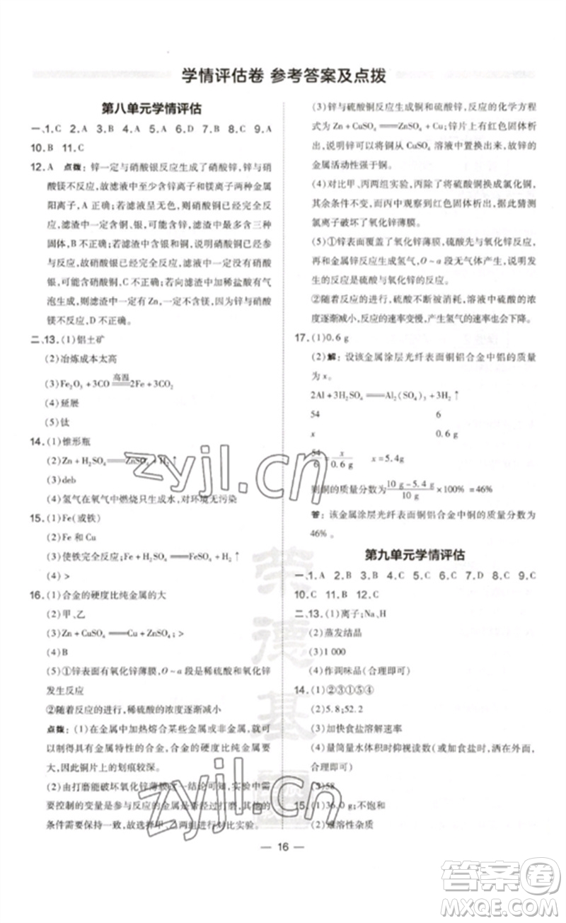 安徽教育出版社2023點撥訓(xùn)練九年級化學(xué)下冊人教版安徽專版參考答案